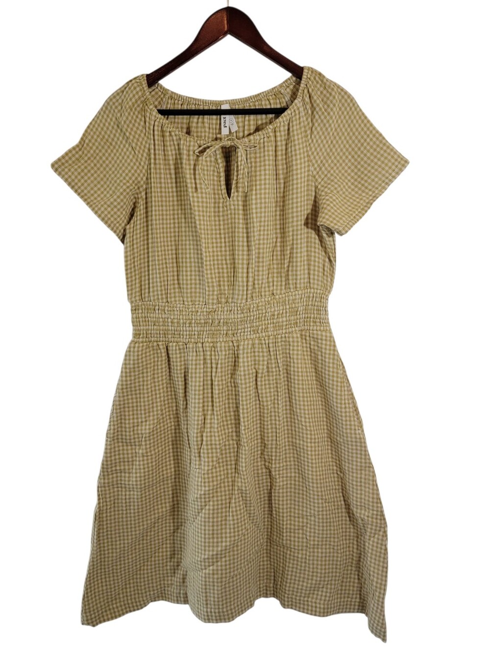 Pact Yellow Gingham Short Sleeve Smocked Waist Dress
